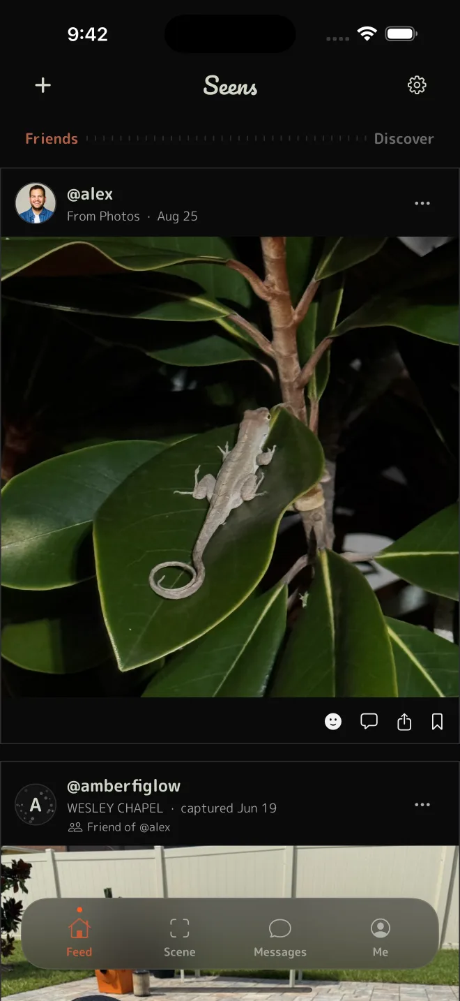 Seens Friends feed in dark mode with the Friends to Discover dial and a photo labeled From Photos